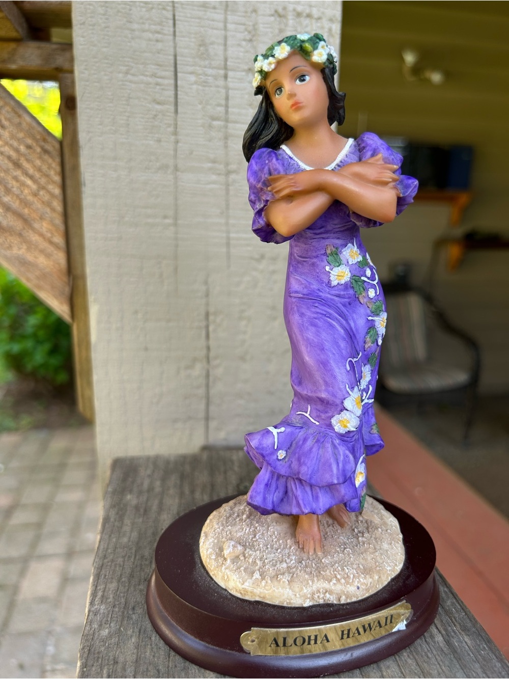 Aloha Hawaii Hand-Painted Purple Floral Figurine on Wooden Base - Decorative